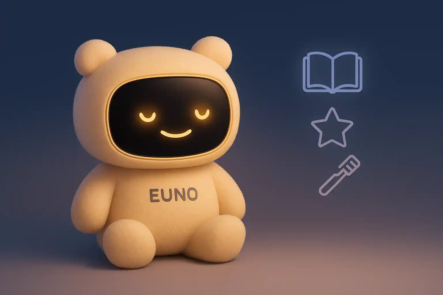 Compagnon robot Euno beige endormi et paisible avec icônes de livre, étoile et brosse à dent