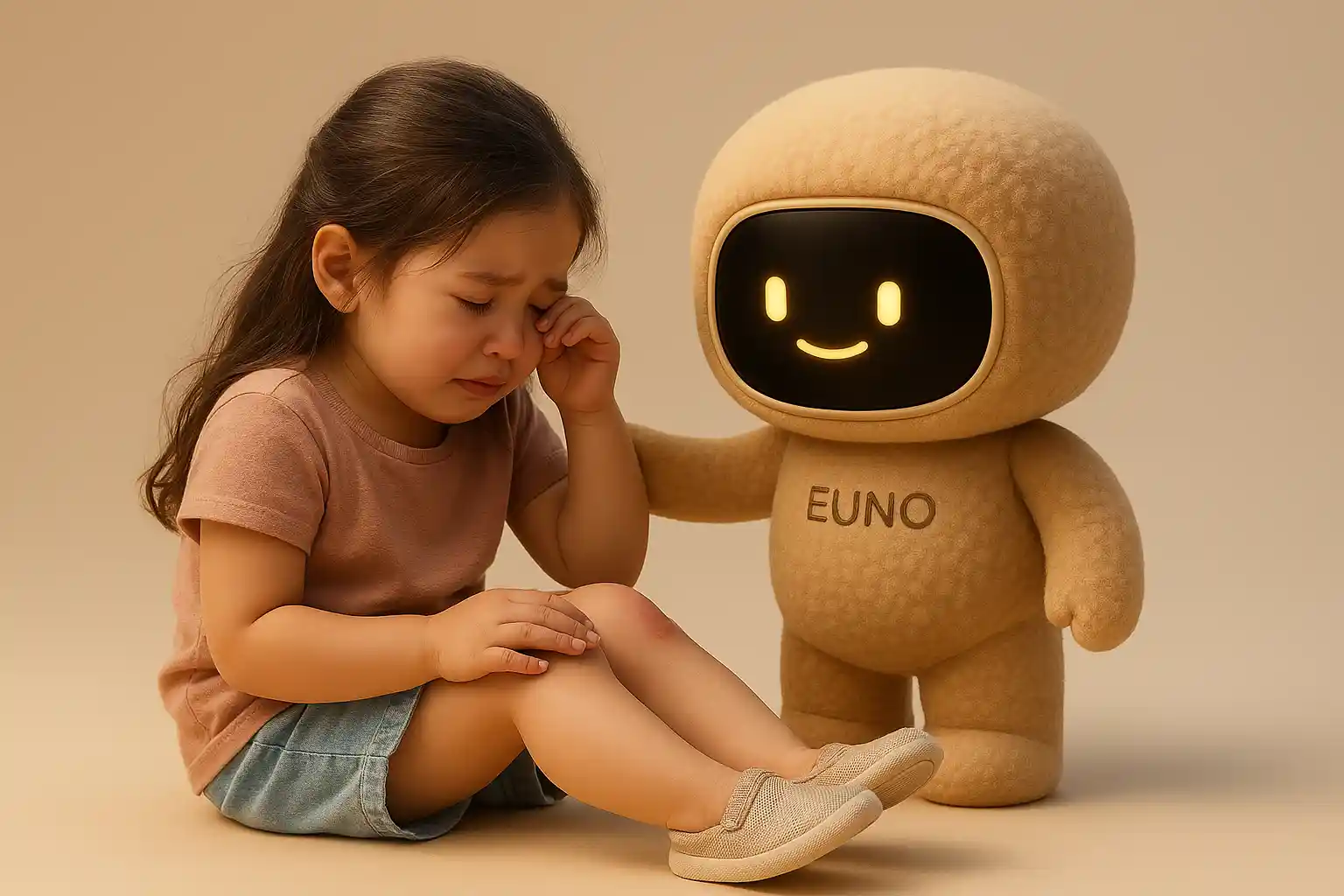 enfant qui pleure réconforté par son compagnon robot euno