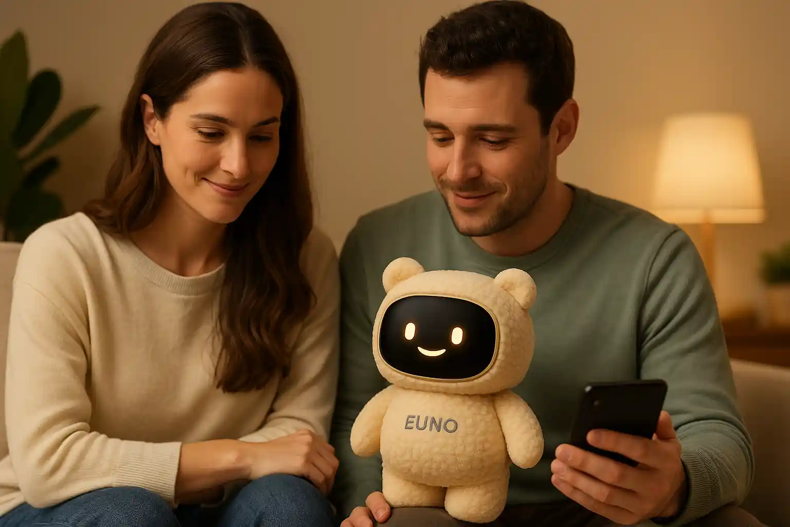 couple d'un homme et une femme avec un robot euno beige et un téléphone à la main
